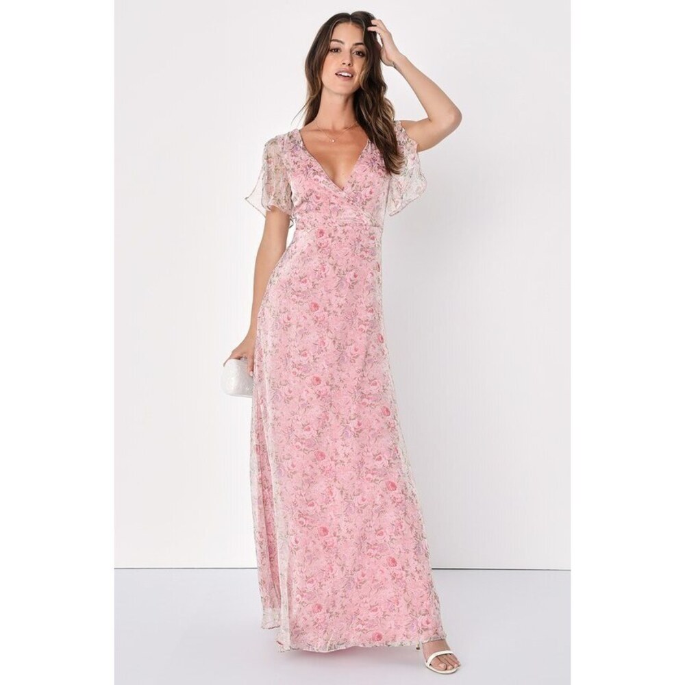 Lulus Dreamiest Desires Pink Floral Flutter Sleeve Maxi Dress - Size M